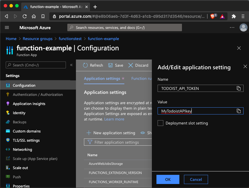 Add the Azure application setting for Todoist